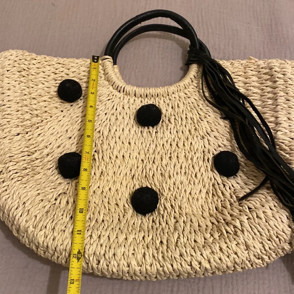 Rebecca Mincoff Stylish Black and Tan Straw Pom Pom Women's Handbag